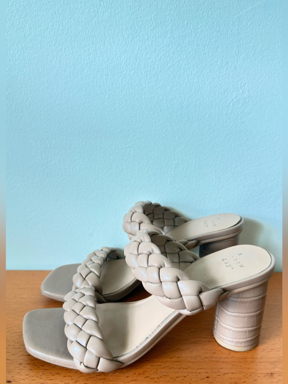 A New Day Braided Block Heel Sandals, Women's Sz 7 Taupe Nude Slip On Mule Heels